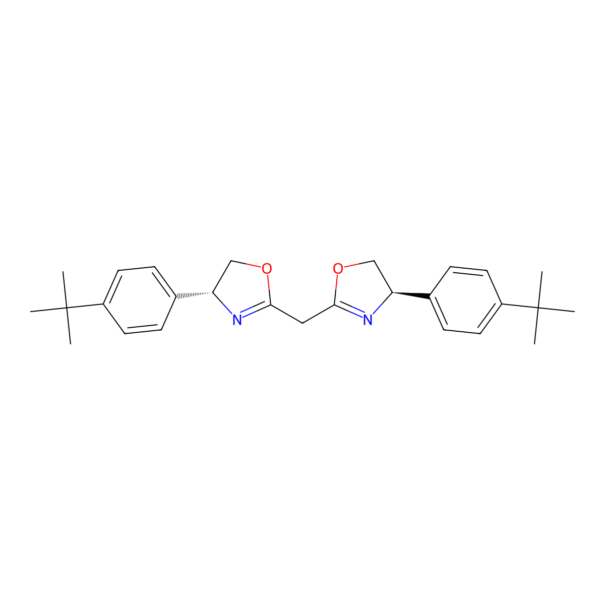 Bis((R)-4-(4-(tert-butyl)phenyl)-4,5-dihydrooxazol-2-yl)methane molecular structure, CAS 866540-34-3