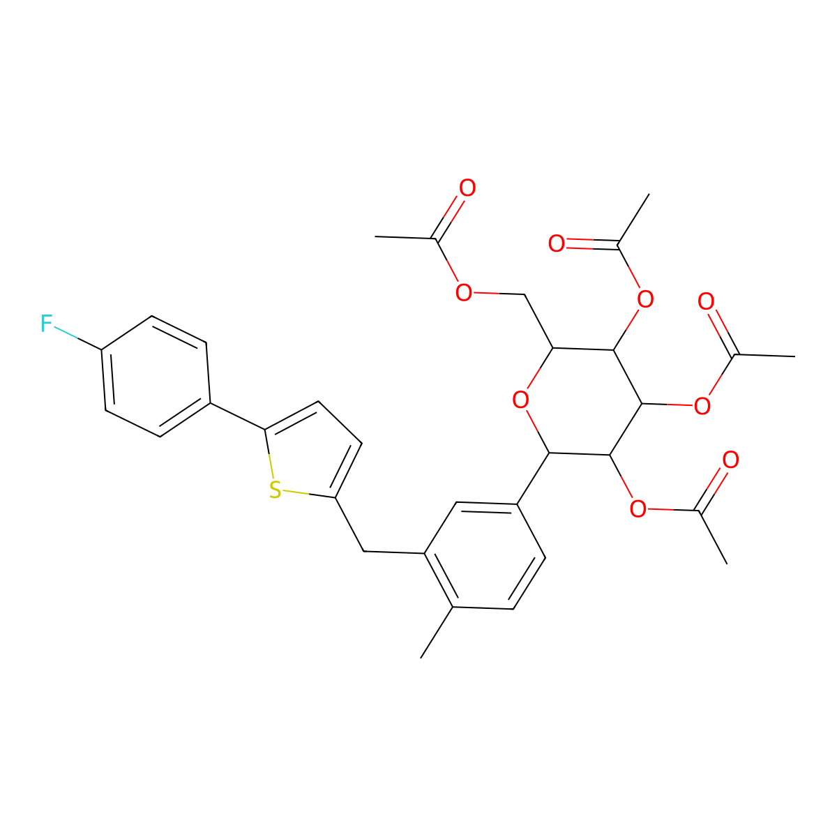 (1S)-2,3,4,6-Tetra-O-acetyl-1,5-anhydro-1-(3-((5-(4-fluorophenyl)thiophen-2-yl)methyl)-4-methylphenyl)-D-glucitol molecular structure, CAS 866607-35-4