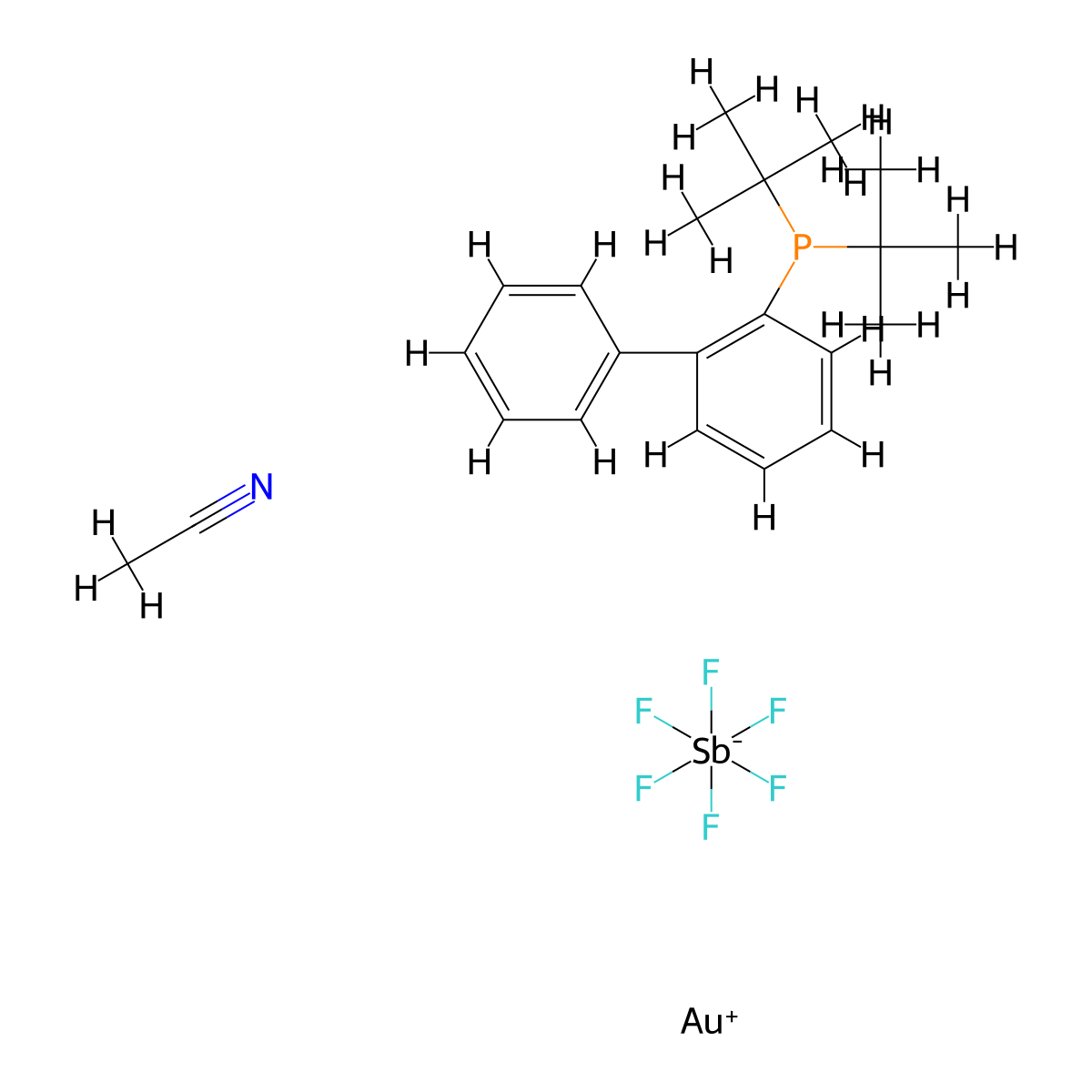 (Acetonitrile)[(2-biphenyl)di-tert-butylphosphine]gold(I) hexafluoroantimonate molecular structure, CAS 866641-66-9
