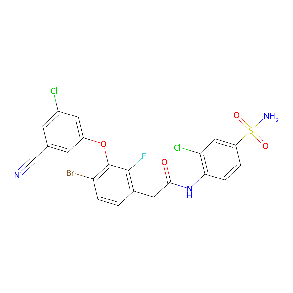2-[4-bromo-3-(3-chloro-5-cyanophenoxy)-2-fluorophenyl]-N-(2-chloro-4-sulfamoylphenyl)acetamide molecular structure, CAS 867365-76-2