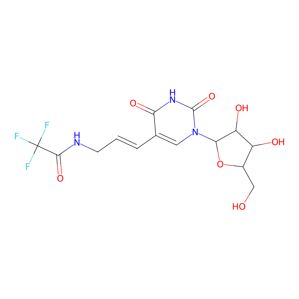 N-((E)-3-(1-((2R,3R,4S,5R)-3,4-Dihydroxy-5-(hydroxymethyl)tetrahydrofuran-2-yl)-2,4-dioxo-1,2,3,4-tetrahydropyrimidin-5-yl)allyl)-2,2,2-trifluoroacetamide molecular structure, CAS 869222-68-4