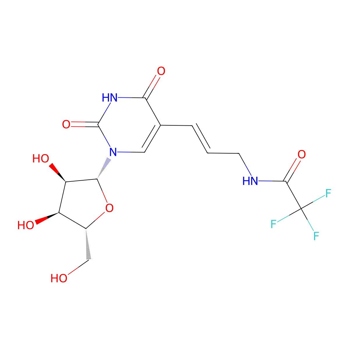 N-((E)-3-(1-((2R,3R,4S,5R)-3,4-Dihydroxy-5-(hydroxymethyl)tetrahydrofuran-2-yl)-2,4-dioxo-1,2,3,4-tetrahydropyrimidin-5-yl)allyl)-2,2,2-trifluoroacetamide molecular structure, CAS 869222-68-4