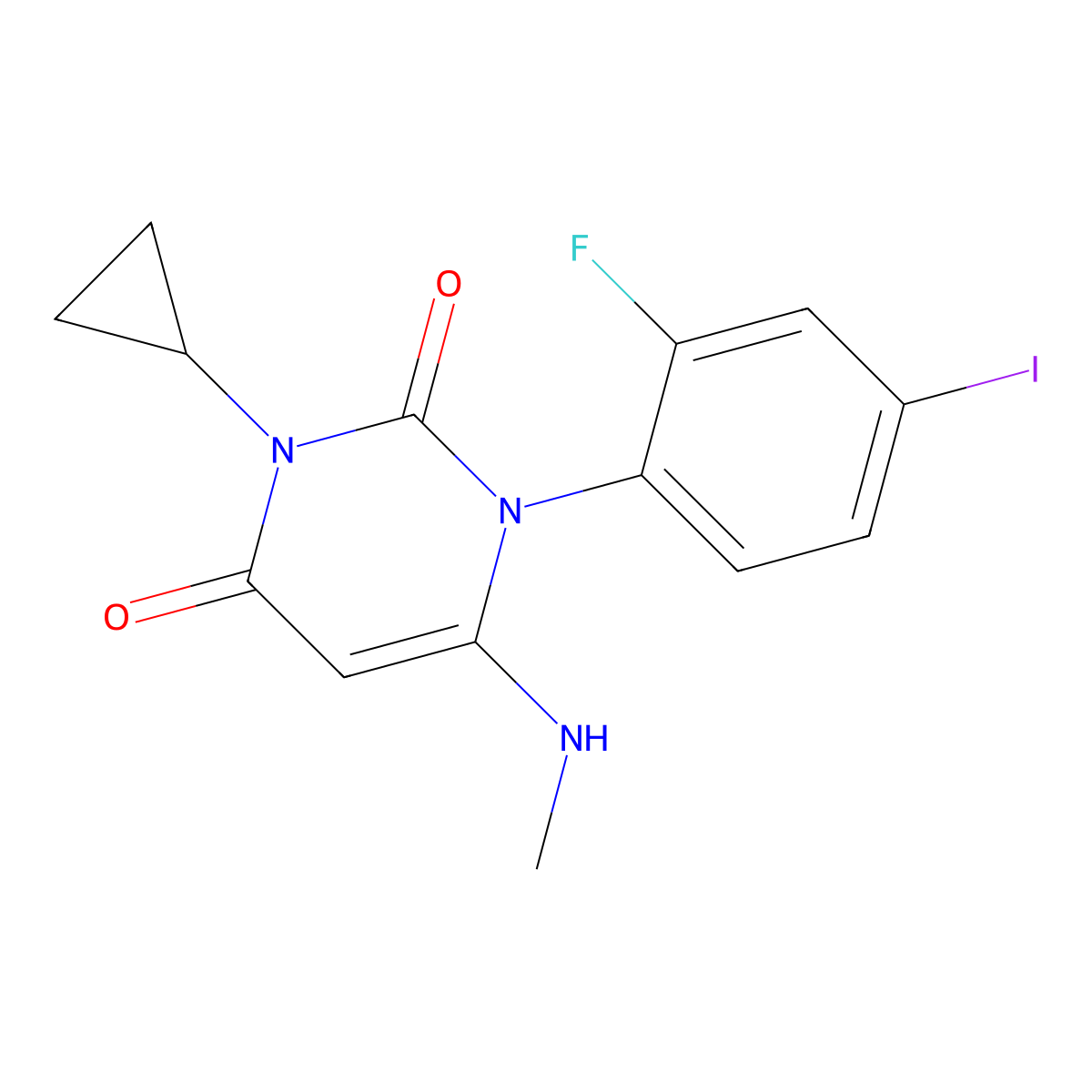3-Cyclopropyl-1-(2-fluoro-4-iodophenyl)-6-(methylamino)-2,4(1H,3H)-pyrimidinedione molecular structure, CAS 871700-22-0