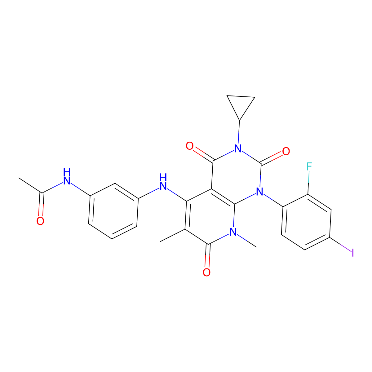 N-[3-[[3-Cyclopropyl-1-(2-fluoro-4-iodophenyl)-1,2,3,4,7,8-hexahydro-6,8-dimethyl-2,4,7-trioxopyrido[2,3-d]pyrimidin-5-yl]amino]phenyl]acetamide molecular structure, CAS 871700-25-3