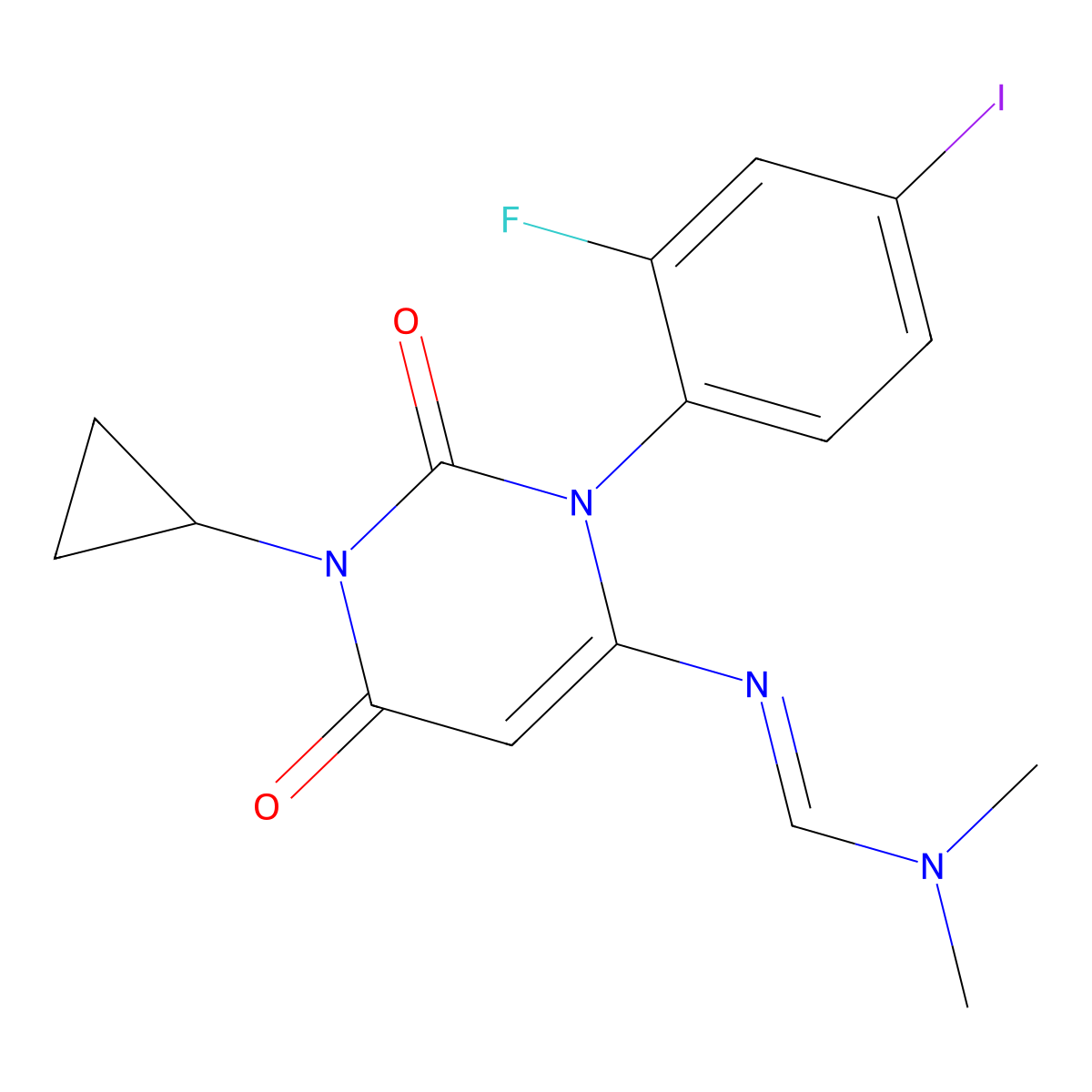 (E)-N'-(1-Cyclopropyl-3-(2-fluoro-4-iodophenyl)-2,6-dioxo-1,2,3,6-tetrahydropyrimidin-4-yl)-N,N-dimethylformimidamide molecular structure, CAS 871700-30-0