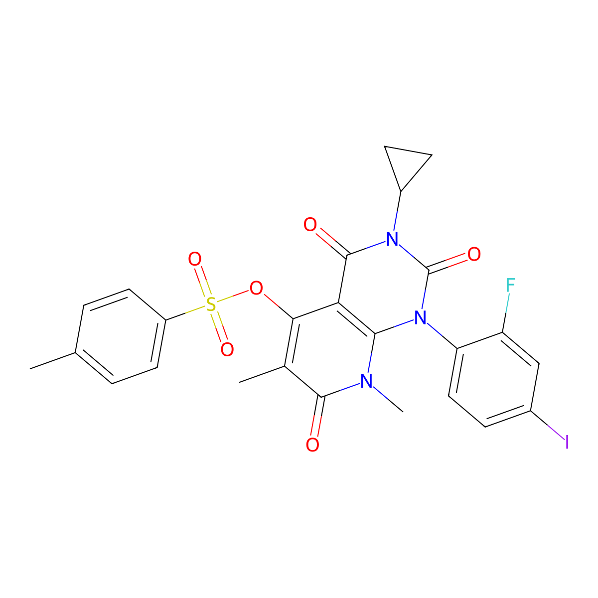 3-Cyclopropyl-1-(2-fluoro-4-iodophenyl)-6,8-dimethyl-5-(((4-methylphenyl)sulfonyl)oxy)pyrido(2,3-d)pyrimidine-2,4,7(1H,3H,8H)-trione molecular structure, CAS 871700-32-2