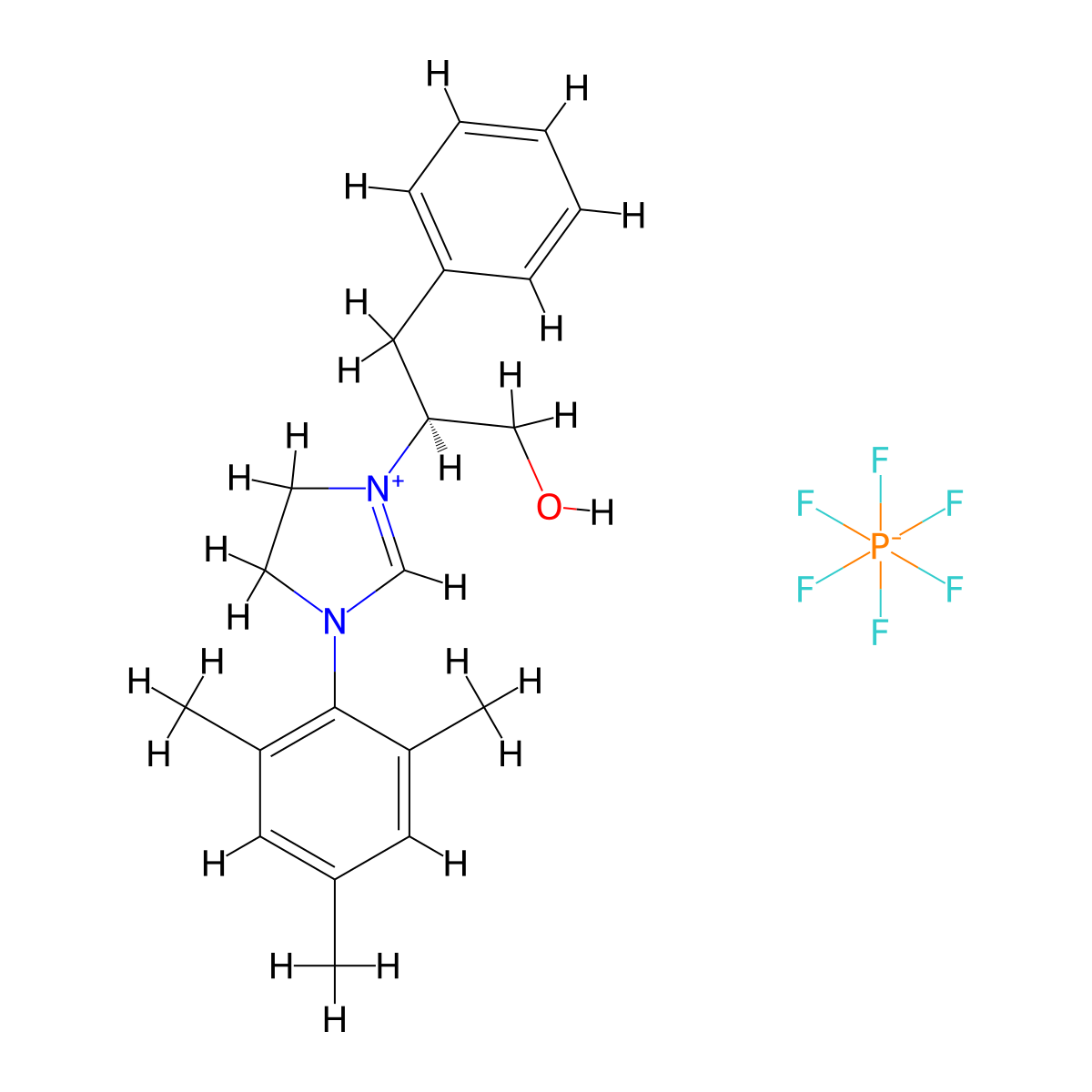 (S)-3-(1-Hydroxy-3-phenylpropan-2-yl)-1-mesityl-4,5-dihydro-1H-imidazol-3-ium hexafluorophosphate(V) molecular structure, CAS 872164-49-3
