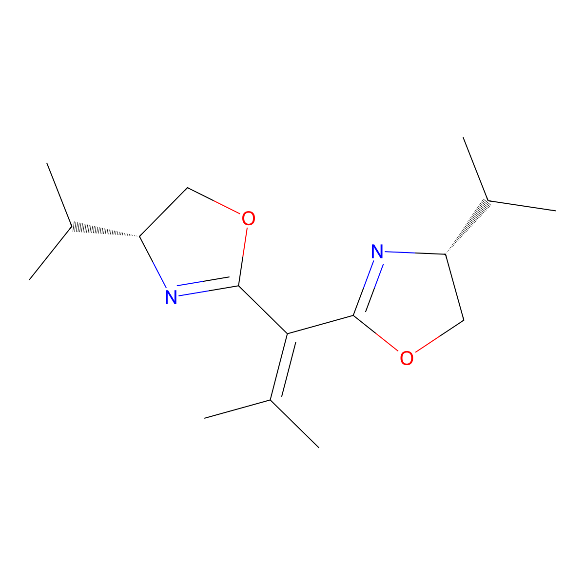 (4R,4'R)-2,2'-(2-Methylprop-1-ene-1,1-diyl)bis(4-isopropyl-4,5-dihydrooxazole) molecular structure, CAS 876406-03-0