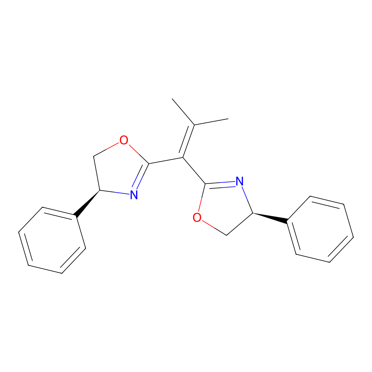 (4S,4'S)-2,2'-(2-Methylprop-1-ene-1,1-diyl)bis(4-phenyl-4,5-dihydrooxazole) molecular structure, CAS 876406-06-3