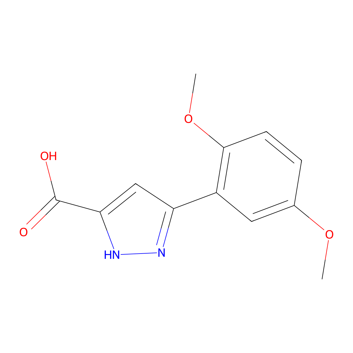 3-(2,5-dimethoxyphenyl)-1H-pyrazole-5-carboxylic acid molecular structure, CAS 882238-14-4