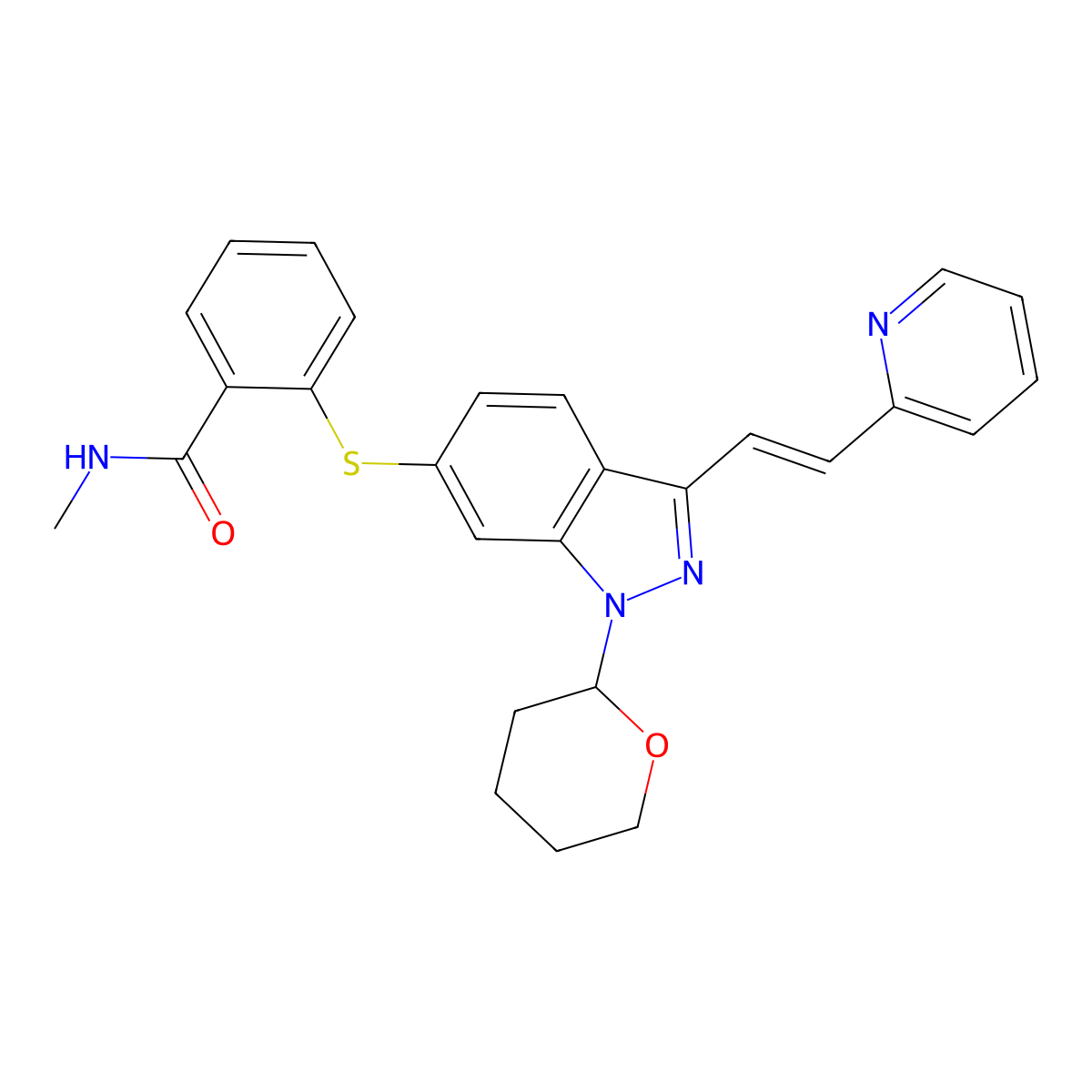 N-methyl-2-(1-(oxan-2-yl)-3-((E)-2-pyridin-2-ylethenyl)indazol-6-yl)sulfanylbenzamide molecular structure, CAS 885126-35-2