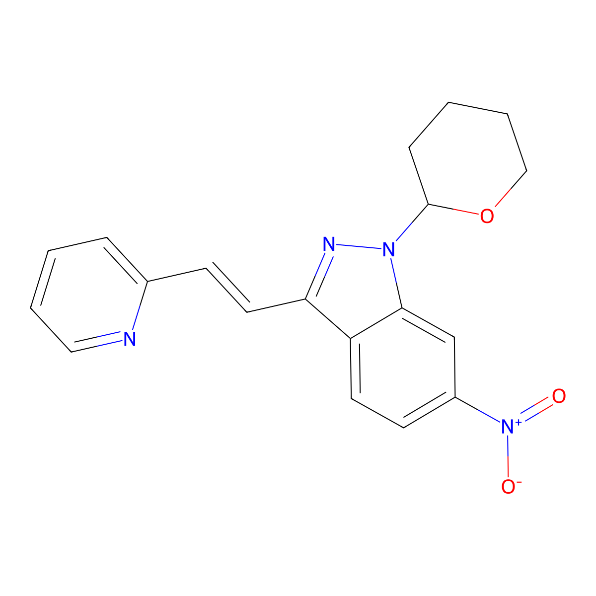 6-Nitro-3-((1E)-2-(2-pyridinyl)ethenyl)-1-(tetrahydro-2H-pyran-2-yl)-1H-indazole molecular structure, CAS 886230-75-7