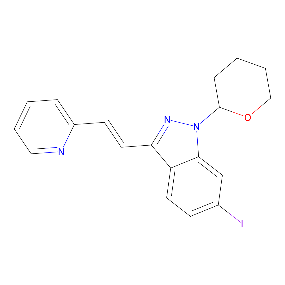 (E)-6-iodo-3-(2-(pyridin-2-yl)vinyl)-1-(tetrahydro-2H-pyran-2-yl)-1H-indazole molecular structure, CAS 886230-77-9
