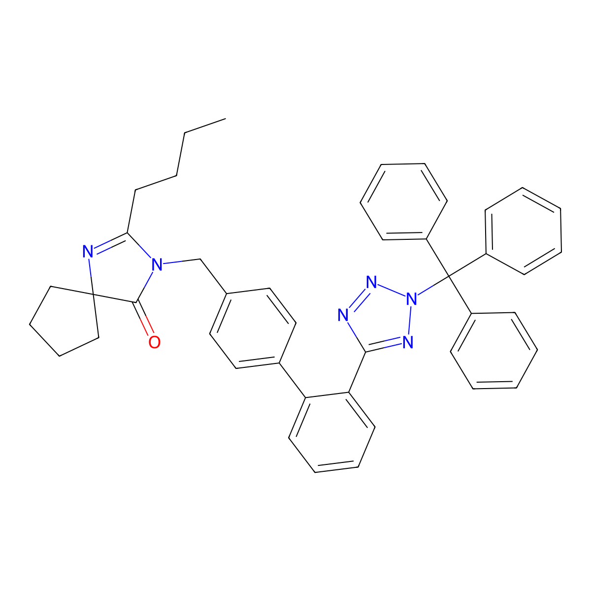2-Butyl-3-((2'-(2-trityl-2H-tetrazol-5-yl)-[1,1'-biphenyl]-4-yl)methyl)-1,3-diazaspiro[4.4]non-1-en-4-one molecular structure, CAS 886999-35-5
