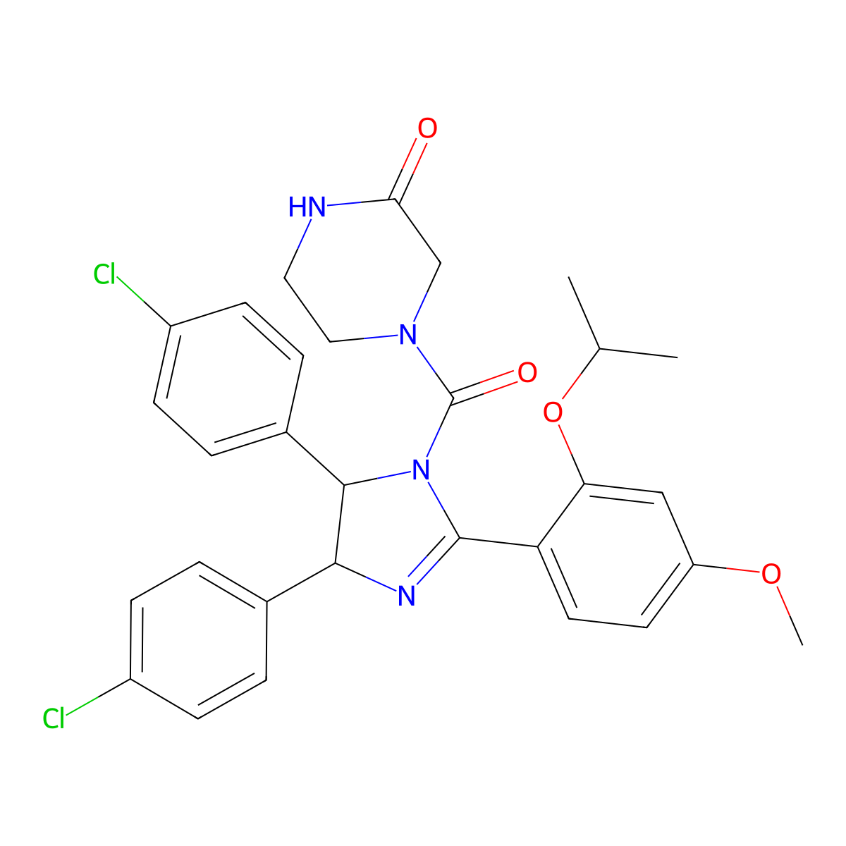 4-(4,5-bis(4-chlorophenyl)-2-(2-isopropoxy-4-methoxyphenyl)-4,5-dihydro-1H-imidazole-1-carbonyl)piperazin-2-one molecular structure, CAS 890090-75-2