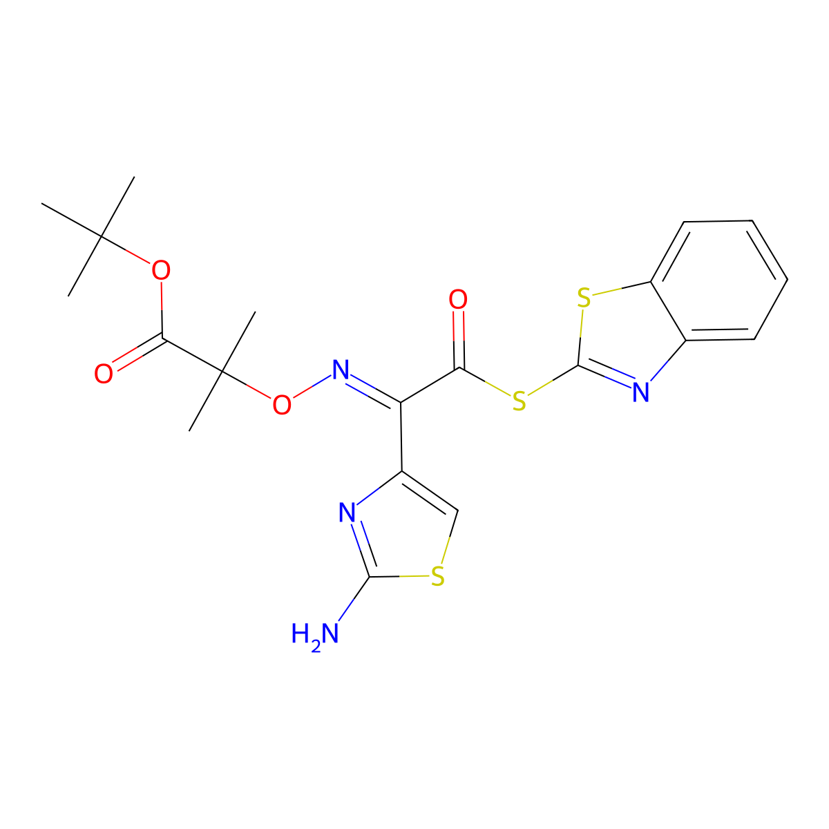 (Z)-tert-Butyl 2-(((1-(2-aminothiazol-4-yl)-2-(benzo[d]thiazol-2-ylthio)-2-oxoethylidene)amino)oxy)-2-methylpropanoate molecular structure, CAS 89604-92-2