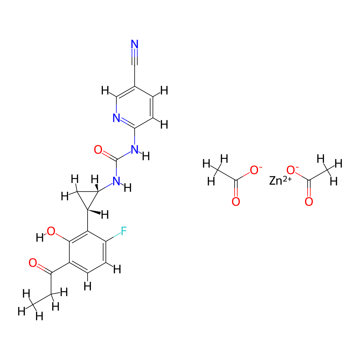 zinc;1-(5-cyanopyridin-2-yl)-3-[(1S,2S)-2-(6-fluoro-2-hydroxy-3-propanoylphenyl)cyclopropyl]urea;diacetate molecular structure, CAS 9000-07-1