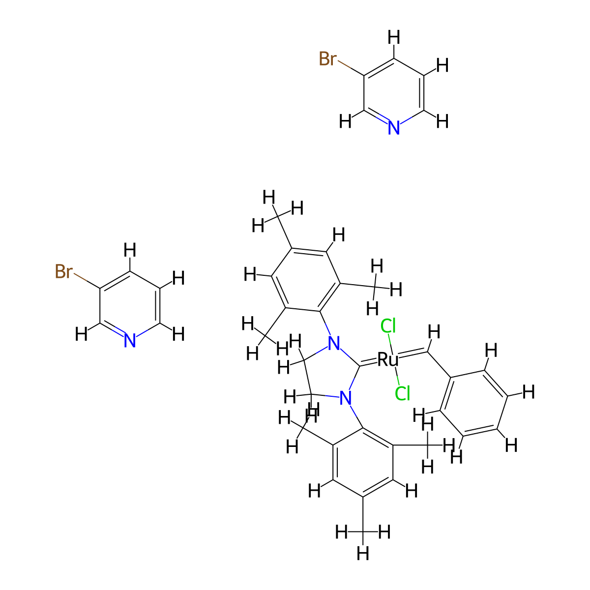 Dichloro[1,3-bis(2,4,6-trimethylphenyl)-2-imidazolidinylidene](benzylidene)bis(3-bromopyridine)ruthenium(II) , Grubbs 3rd molecular structure, CAS 900169-53-1