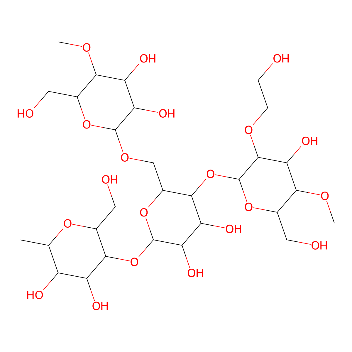 2-O-(2-Hydroxyethyl)-4-O-methylhexopyranosyl-(1->4)-(4-O-methylhexopyranosyl-(1->6))hexopyranosyl-(1->5)-2,6-anhydro-1-deoxyheptitol molecular structure, CAS 9004-62-0