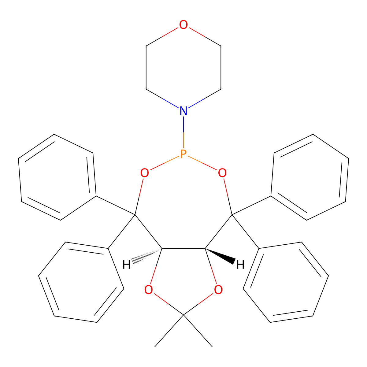 4-((3aR,8aR)-2,2-Dimethyl-4,4,8,8-tetraphenyltetrahydro-[1,3]dioxolo[4,5-e][1,3,2]dioxaphosphepin-6-yl)morpholine molecular structure, CAS 905727-05-1