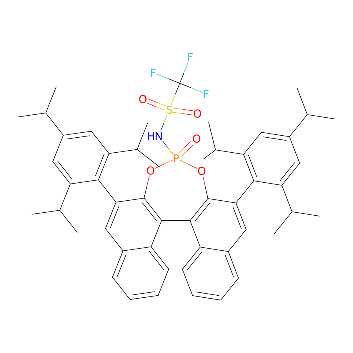 (11bR)-1,1,1-Trifluoro-N-(4-oxido-2,6-bis(2,4,6-triisopropylphenyl)dinaphtho[2,1-d:1',2'-f][1,3,2]dioxaphosphepin-4-yl)methanesulfonamide molecular structure, CAS 908338-43-2
