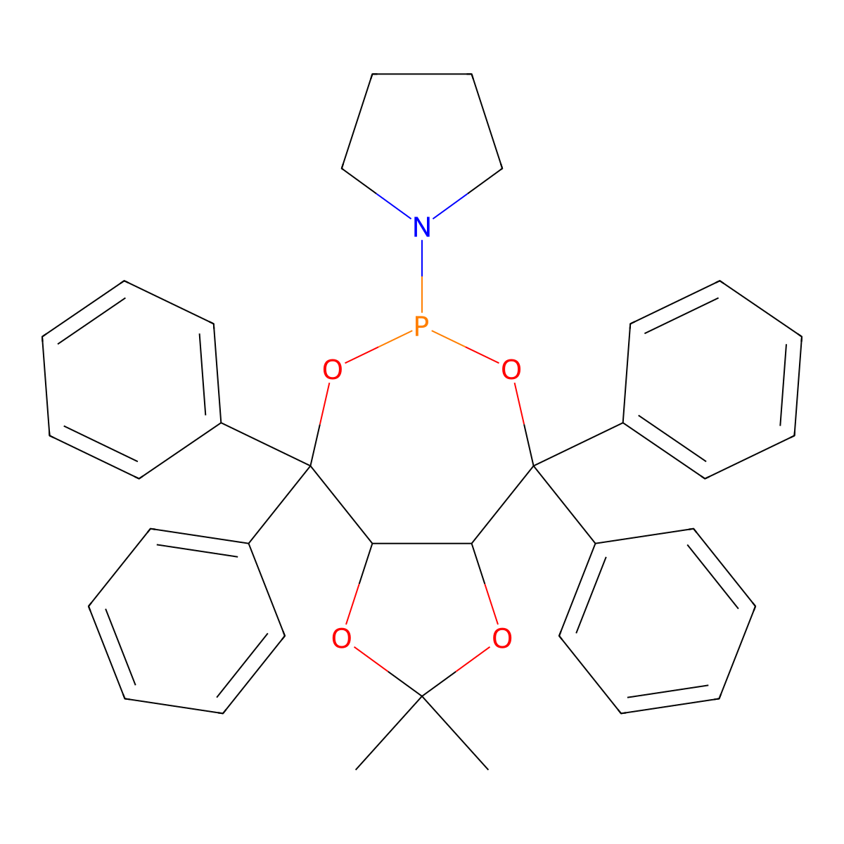 1-((3aR,8aR)-2,2-Dimethyl-4,4,8,8-tetraphenyltetrahydro-[1,3]dioxolo[4,5-e][1,3,2]dioxaphosphepin-6-yl)pyrrolidine molecular structure, CAS 913706-72-6