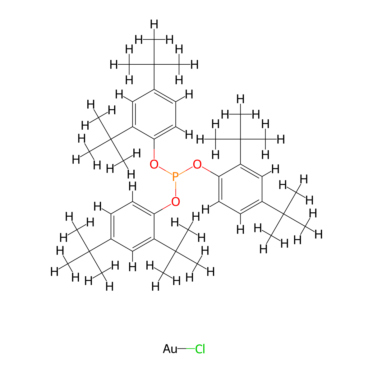 Chloro[tris(2,4-di-tert-butylphenyl)phosphite]gold molecular structure, CAS 915299-24-0