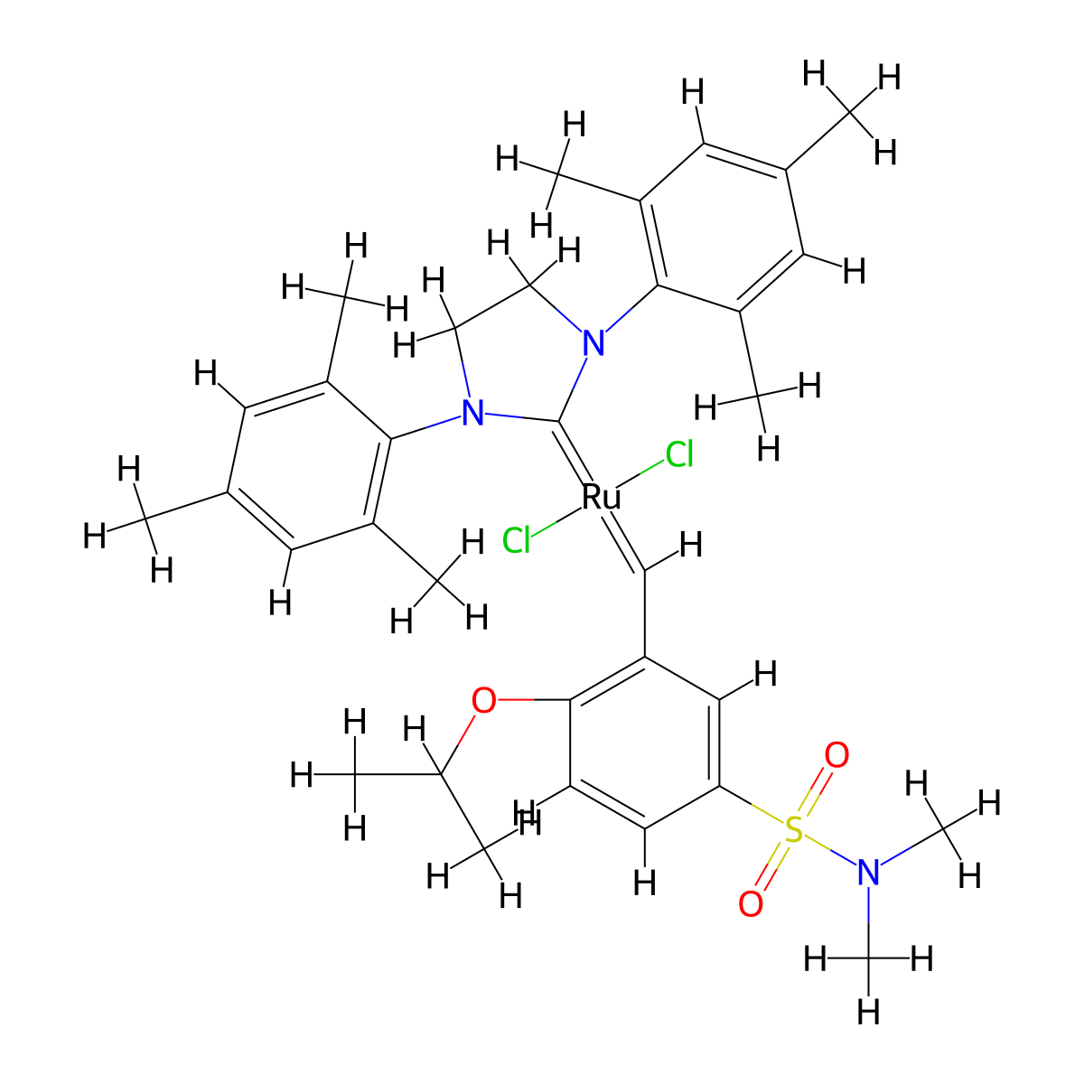 Dichloro[1,3-bis(2,4,6-trimethylphenyl)-2-imidazolidinylidene][[5-[(dimethylamino)sulfonyl]-2-(1-methylethoxy-O)phenyl]methylene-C]ruthenium(II) , Zhan Catalyst-1B molecular structure, CAS 918870-76-5