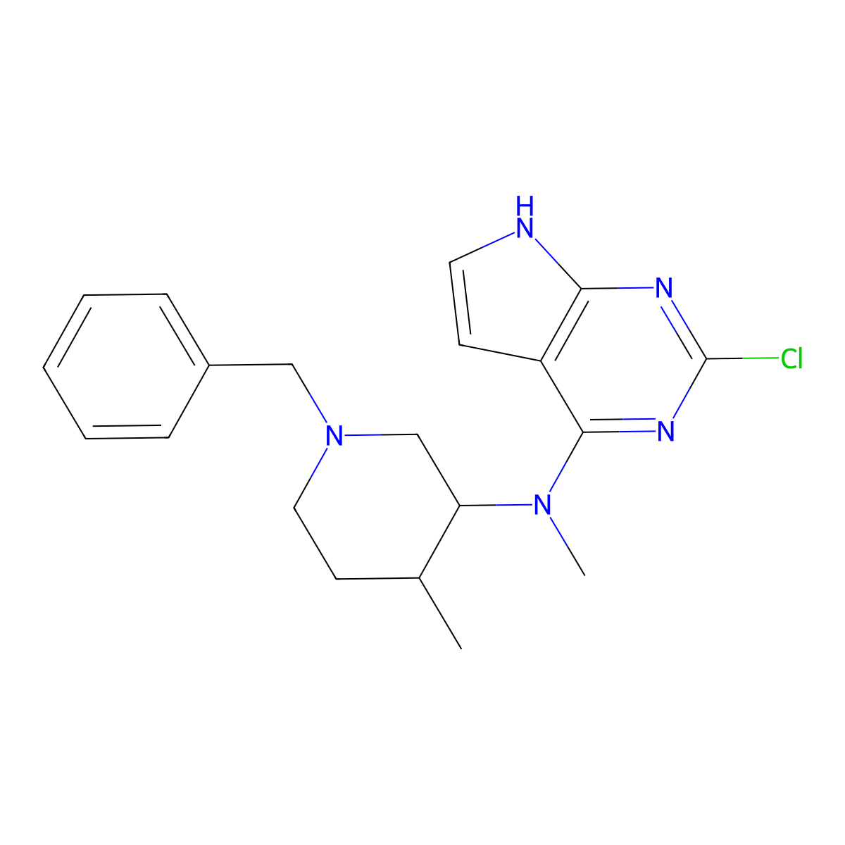 N-((3R,4R)-1-benzyl-4-methylpiperidin-3-yl)-2-chloro-N-methyl-7H-pyrrolo[2,3-d]pyrimidin-4-amine molecular structure, CAS 923036-25-3