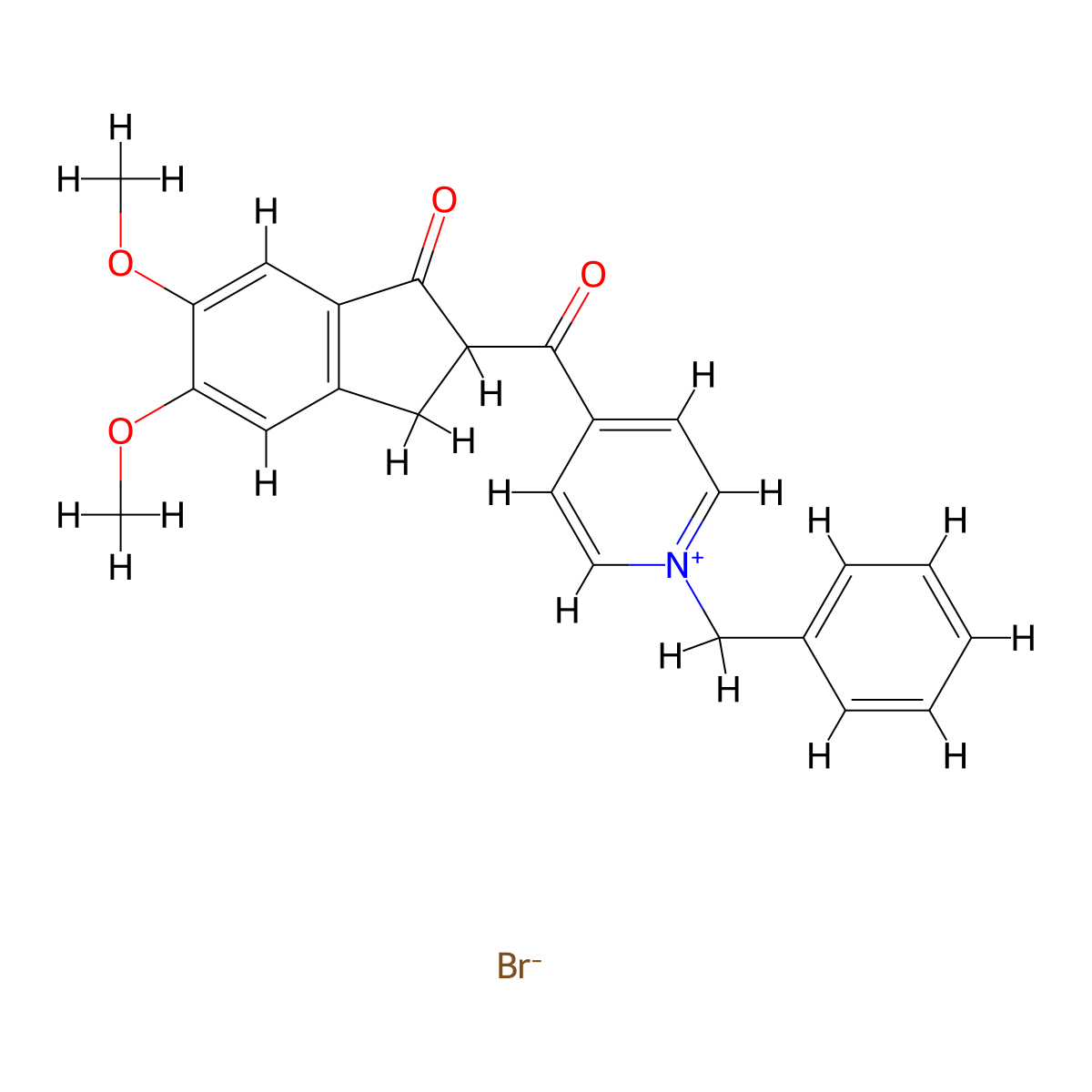 Pyridinium, 4-[(2,3-dihydro-5,6-dimethoxy-1-oxo-1H-inden-2-yl)carbonyl]-1-(phenylmethyl)-, bromide molecular structure, CAS 923571-17-9