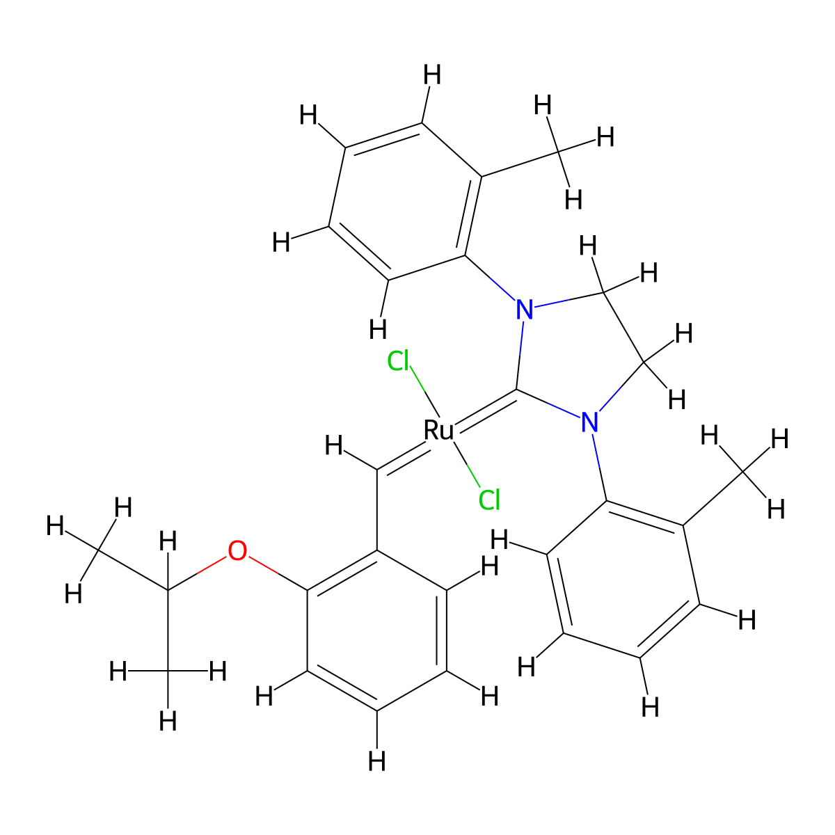 Dichloro[1,3-bis(2-methylphenyl)-2-imidazolidinylidene](2-isopropoxyphenylmethylene)ruthenium(II) , Stewart-Grubbs catalyst molecular structure, CAS 927429-61-6