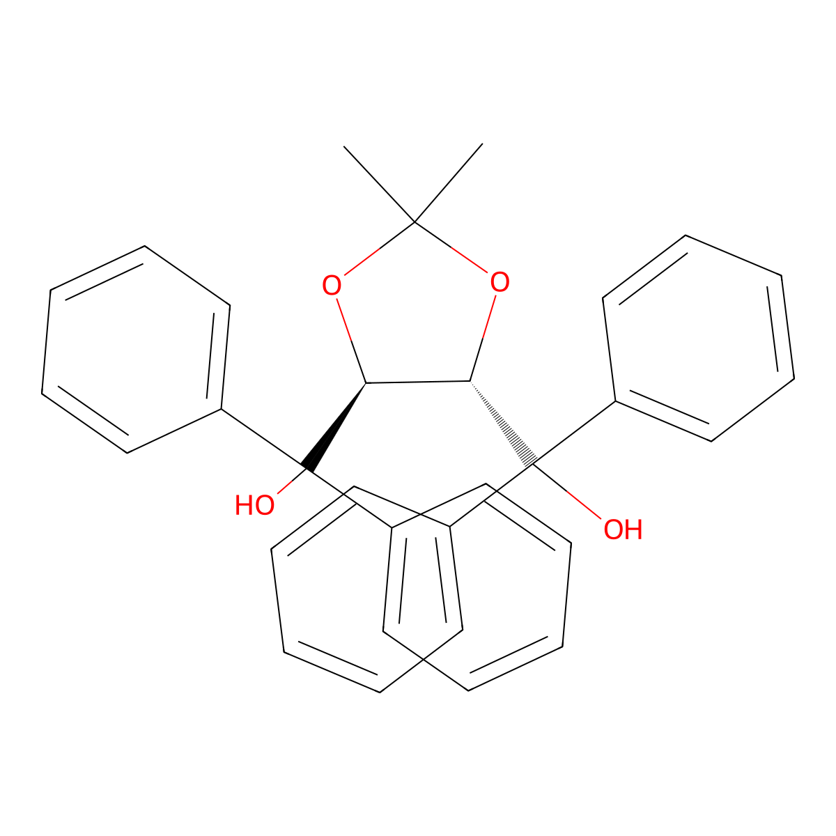 ((4S,5S)-2,2-dimethyl-1,3-dioxolane-4,5-diyl)bis(diphenylmethanol) , (+)-Taddol molecular structure, CAS 93379-49-8
