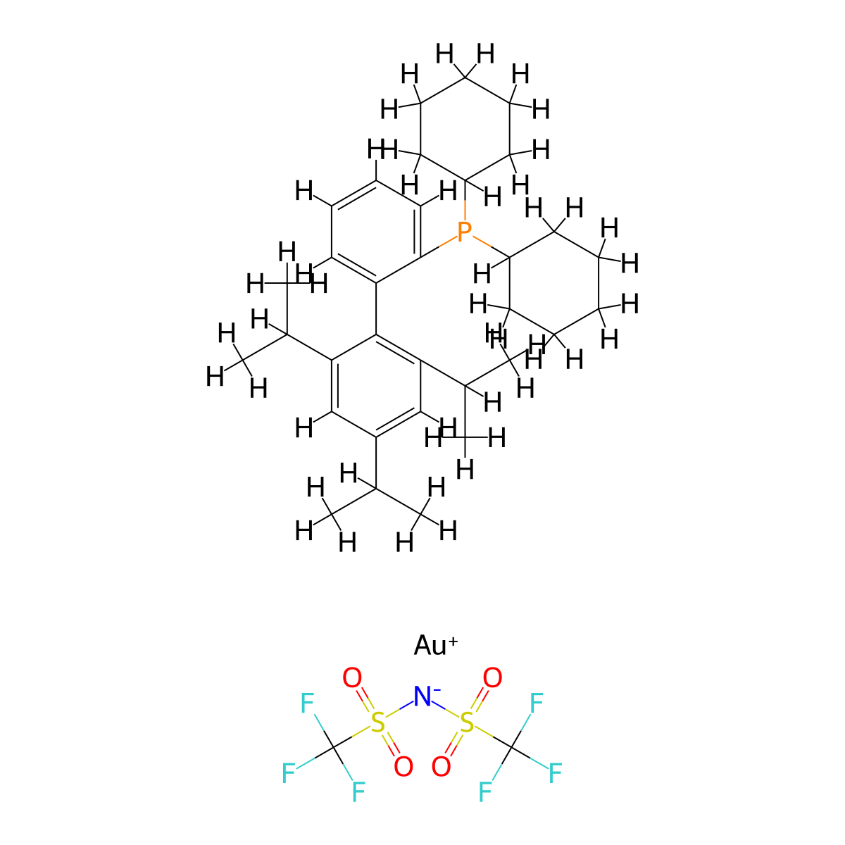 2-Dicyclohexylphosphino-2',4',6'-triisopropylbiphenyl gold(I) bis(trifluoromethanesulfonyl)imide , XPhos AuNTf2 molecular structure, CAS 934506-10-2