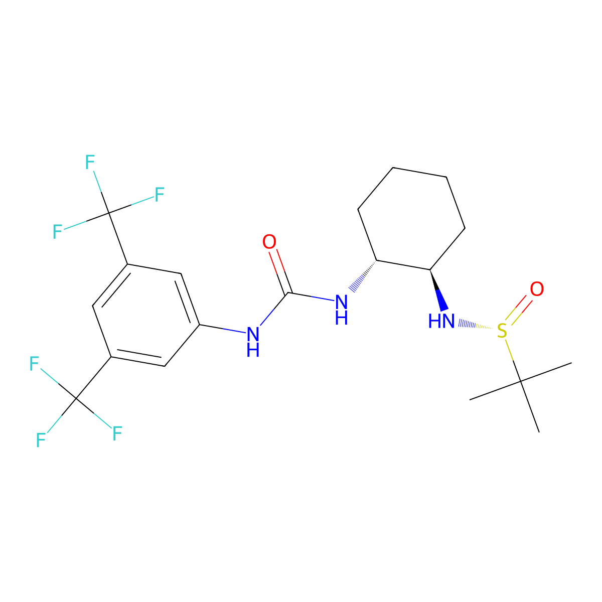 (R)-N-((1R,2R)-2-(3-(3,5-Bis(trifluoromethyl)phenyl)ureido)cyclohexyl)-2-methylpropane-2-sulfinamide molecular structure, CAS 934762-68-2