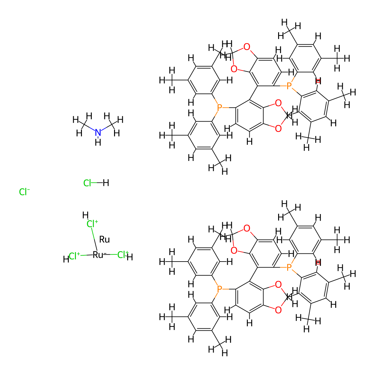 (4-(5-bis(3,5-dimethylphenyl)phosphanyl-1,3-benzodioxol-4-yl)-1,3-benzodioxol-5-yl)-bis(3,5-dimethylphenyl)phosphane;N-methylmethanamine;ruthenium;trichloronioruthenium(1-);chloride;hydrochloride molecular structure, CAS 935449-46-0