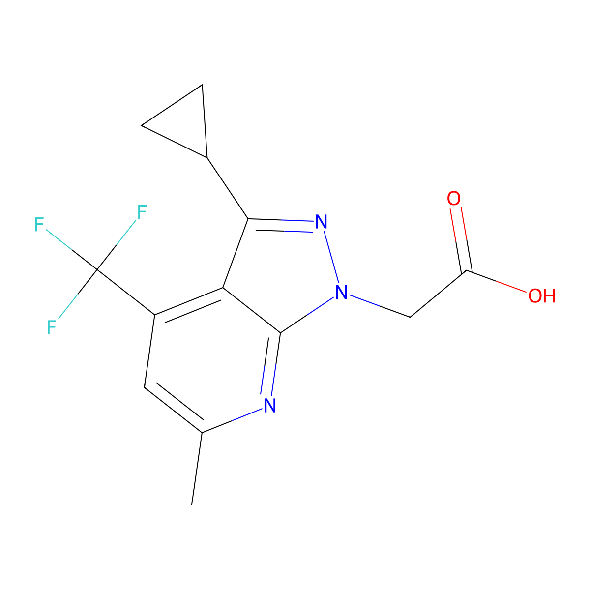 2-(3-Cyclopropyl-6-methyl-4-(trifluoromethyl)-1H-pyrazolo[3,4-b]pyridin-1-yl)acetic acid molecular structure, CAS 937606-00-3