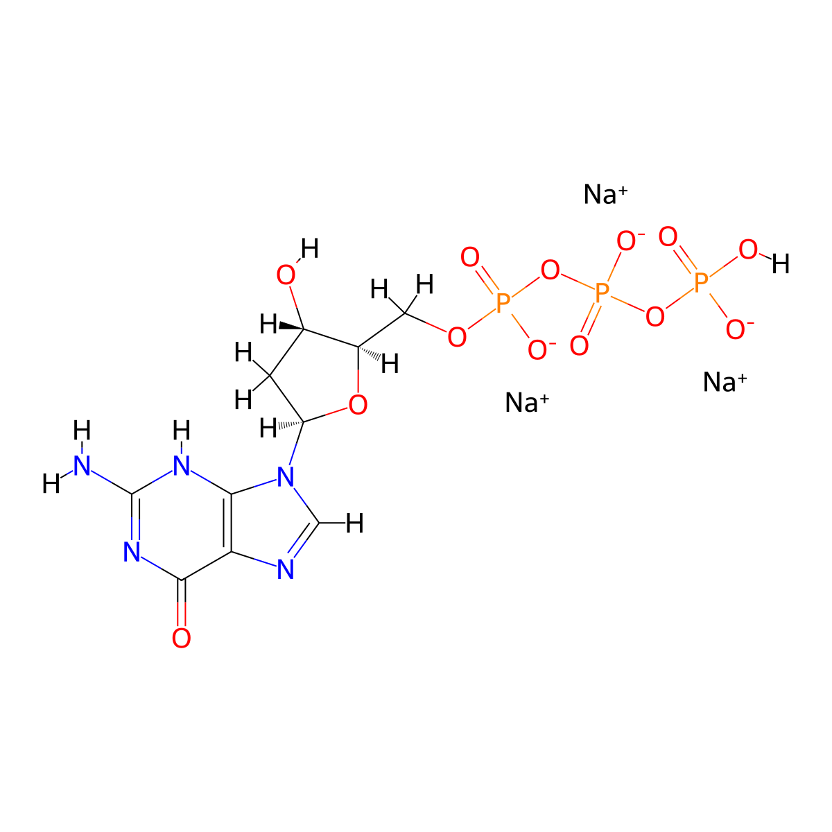 trisodium;[[[(2R,3S,5R)-5-(2-amino-6-oxo-3H-purin-9-yl)-3-hydroxyoxolan-2-yl]methoxy-oxidophosphoryl]oxy-oxidophosphoryl] hydrogen phosphate molecular structure, CAS 93919-41-6