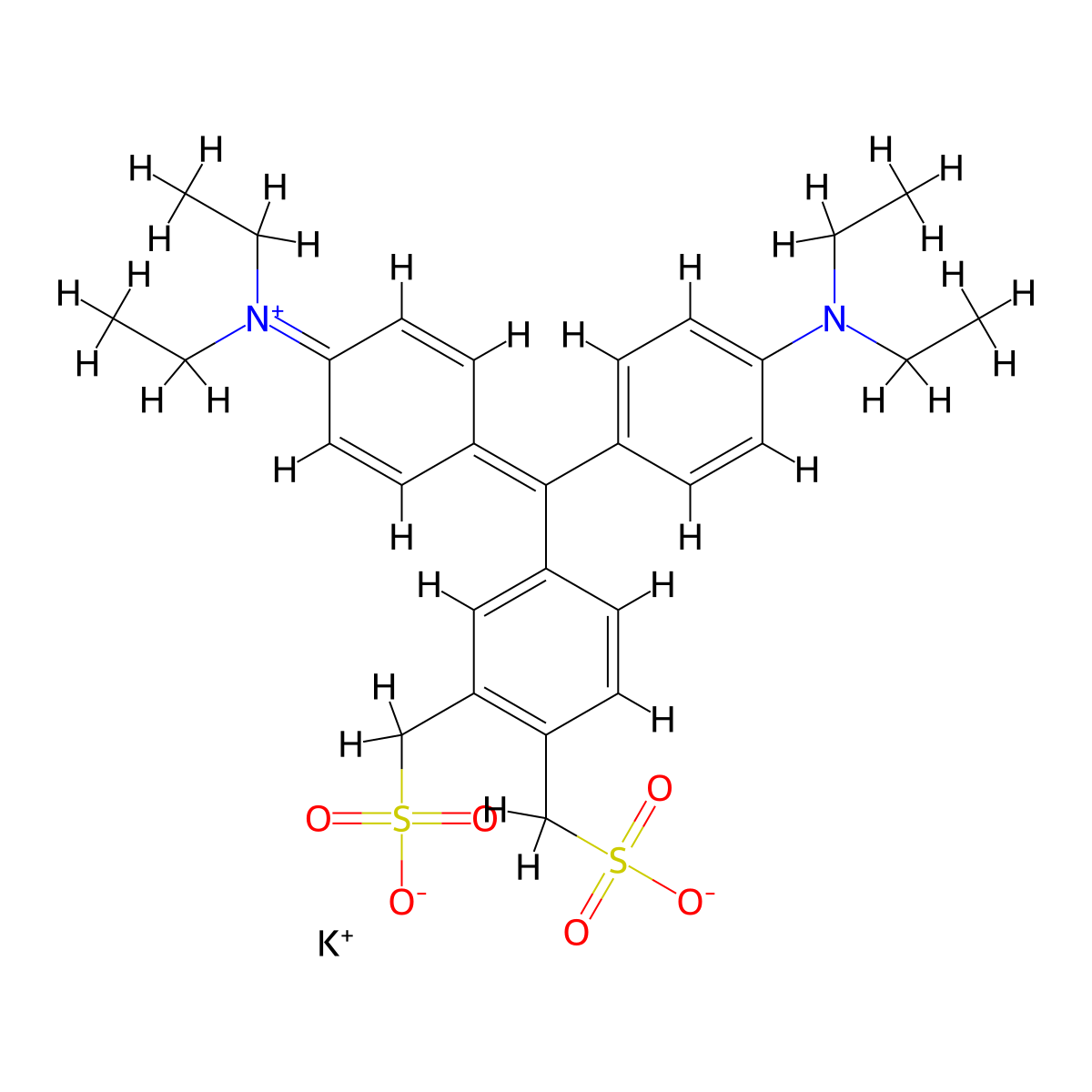 hydrogen (4-(4-(diethylamino)-3',4'-bis(sulphonatomethyl)benzhydrylidene)cyclohexa-2,5-dien-1-ylidene)diethylammonium, potassium salt molecular structure, CAS 93942-43-9