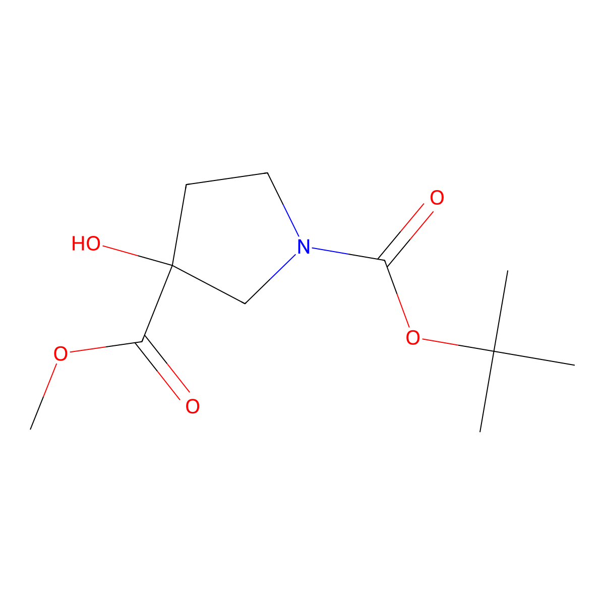 1-Tert-butyl 3-methyl 3-hydroxypyrrolidine-1,3-dicarboxylate molecular structure, CAS 942190-61-6