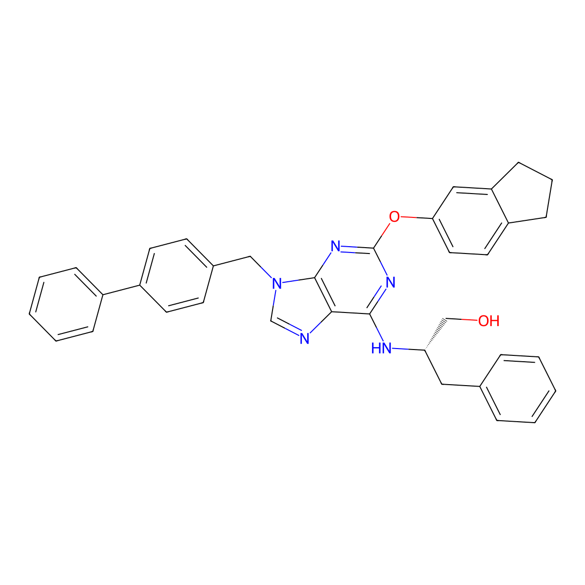 (S)-2-((9-([1,1'-biphenyl]-4-ylmethyl)-2-((2,3-dihydro-1H-inden-5-yl)oxy)-9H-purin-6-yl)amino)-3-phenylpropan-1-ol molecular structure, CAS 944328-88-5