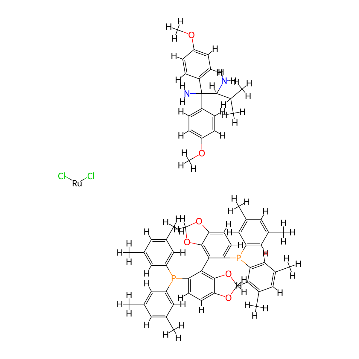 [4-[5-Bis(3,5-dimethylphenyl)phosphanyl-1,3-benzodioxol-4-yl]-1,3-benzodioxol-5-yl]-bis(3,5-dimethylphenyl)phosphane;(2S)-1,1-bis(4-methoxyphenyl)-3-methylbutane-1,2-diamine;dichlororuthenium molecular structure, CAS 944450-44-6