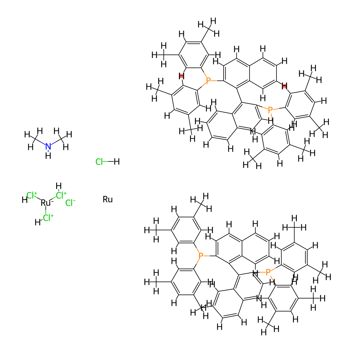 [1-[2-bis(3,5-dimethylphenyl)phosphanylnaphthalen-1-yl]naphthalen-2-yl]-bis(3,5-dimethylphenyl)phosphane;N-methylmethanamine;ruthenium;trichloronioruthenium(1-);chloride;hydrochloride molecular structure, CAS 944451-10-9