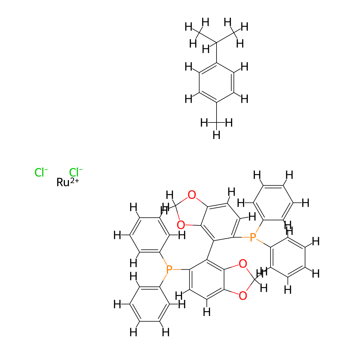 Chlororuthenium(1+);(4-(5-diphenylphosphanyl-1,3-benzodioxol-4-yl)-1,3-benzodioxol-5-yl)-diphenylphosphane;1-methyl-4-propan-2-ylbenzene;chloride molecular structure, CAS 944451-28-9