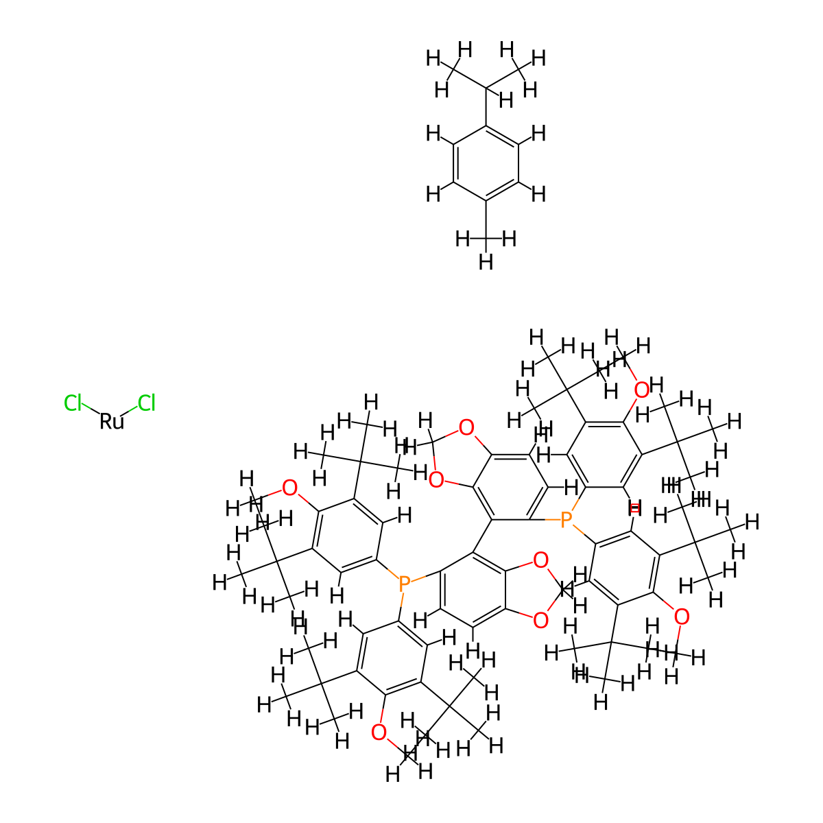 Chloro{(S)-(+)-5,5'-bis[di(3,5-di-t-butyl-4-methoxyphenyl)phosphino]-4,4'-bi-1,3-benzodioxole}(p-cymene)ruthenium(II) chloride molecular structure, CAS 944451-32-5