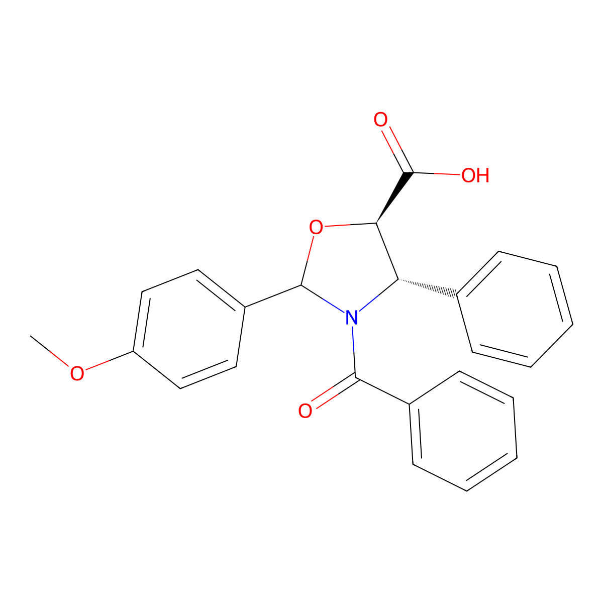 3-Benzoyl-2-(4-methoxyphenyl)-4-phenyloxazolidine-5-carboxylic acid, (4S,5R)- molecular structure, CAS 949023-16-9