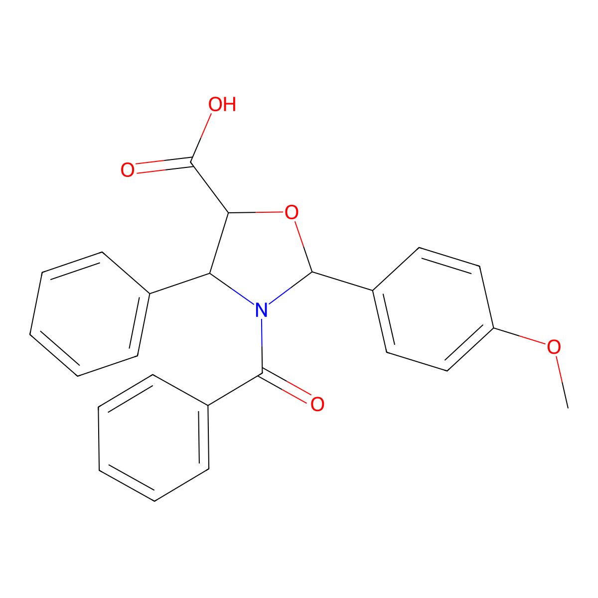 3-Benzoyl-2-(4-methoxyphenyl)-4-phenyloxazolidine-5-carboxylic acid, (4S,5R)- molecular structure, CAS 949023-16-9