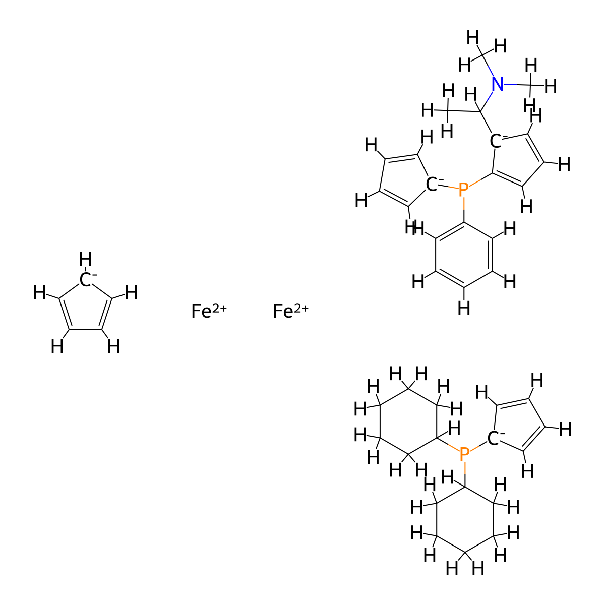 1-Dicyclohexylphosphino-1'-{(S)-{(SP)-2-[(R)-1-(dimethylamino)ethyl]Ferrocenyl}phenylphosphino}Ferrocene molecular structure, CAS 952586-19-5