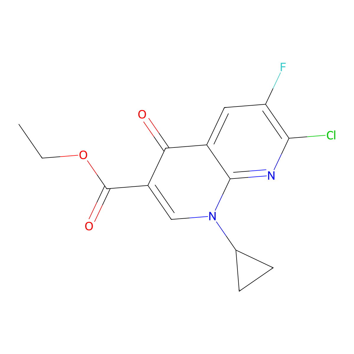 Ethyl 7-chloro-1-cyclopropyl-6-fluoro-4-oxo-1,4-dihydro-1,8-naphthyridine-3-carboxylate molecular structure, CAS 96568-07-9