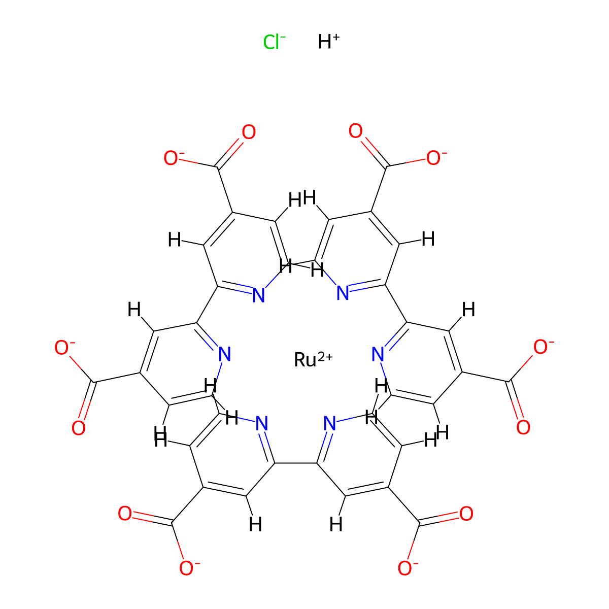 Ruthenate(4-), tris[[2,2'-bipyridine]-4,4'-dicarboxylato(2-)-N1,N1']-, hydrogen chloride (1:6:2) molecular structure, CAS 97333-46-5