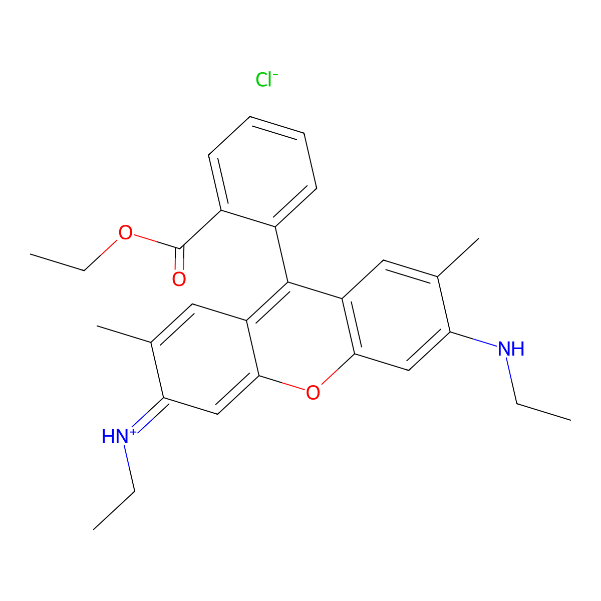 Ethyl 2-(6-(ethylamino)-3-(ethylimino)-2,7-dimethyl-3H-xanthen-9-yl)benzoate hydrochloride (1:1) molecular structure, CAS 989-38-8